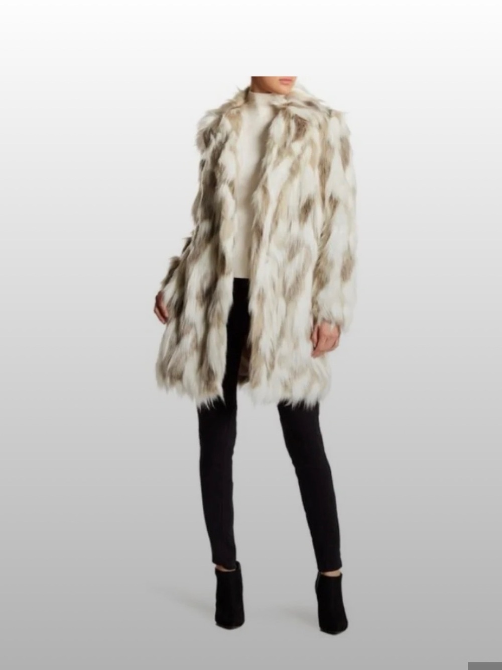 Elie Tahari Cream and Brown Faux Fur Coat